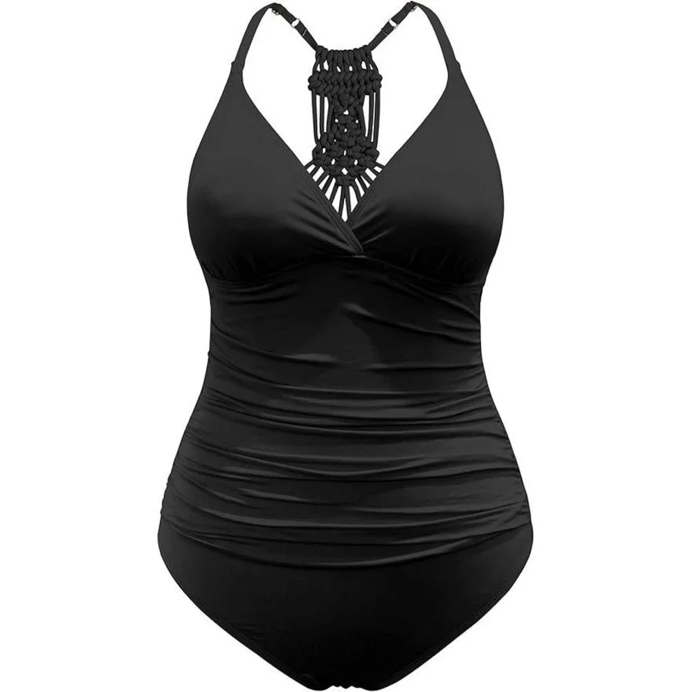 One Piece Swimsuit Black Macrame Racerback Ruched Women Size 6